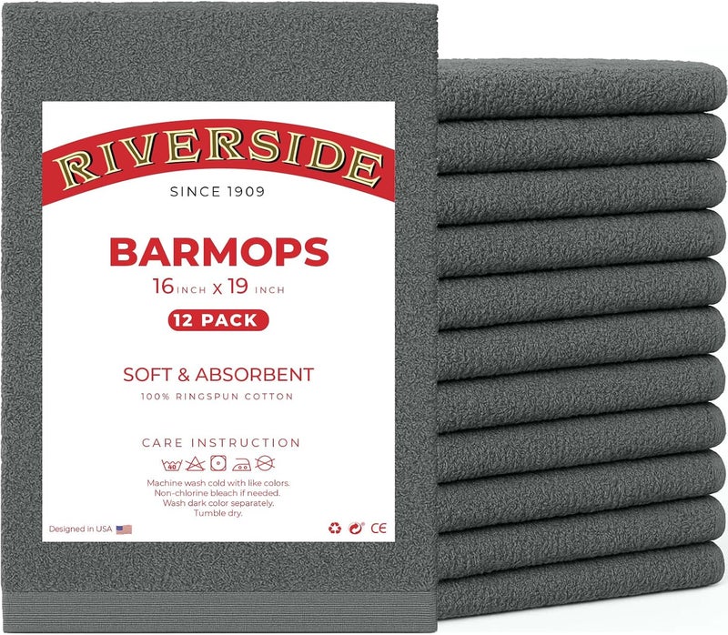 Riverside Bar Mop Towels Pack of 12, 16x19 Inches, 100% Ring Spun Cotton Terry Cloth Kitchen Towel, Highly Absorbent & Reusable Multipurpose Cleaning Rags for Bathroom, Hotel, Restaurant, Gray - Image 1